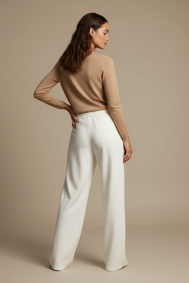 Pantalon Beige Fluide Ample Taille Haute Décontracté Femme - Blanc Maille - vue 2
