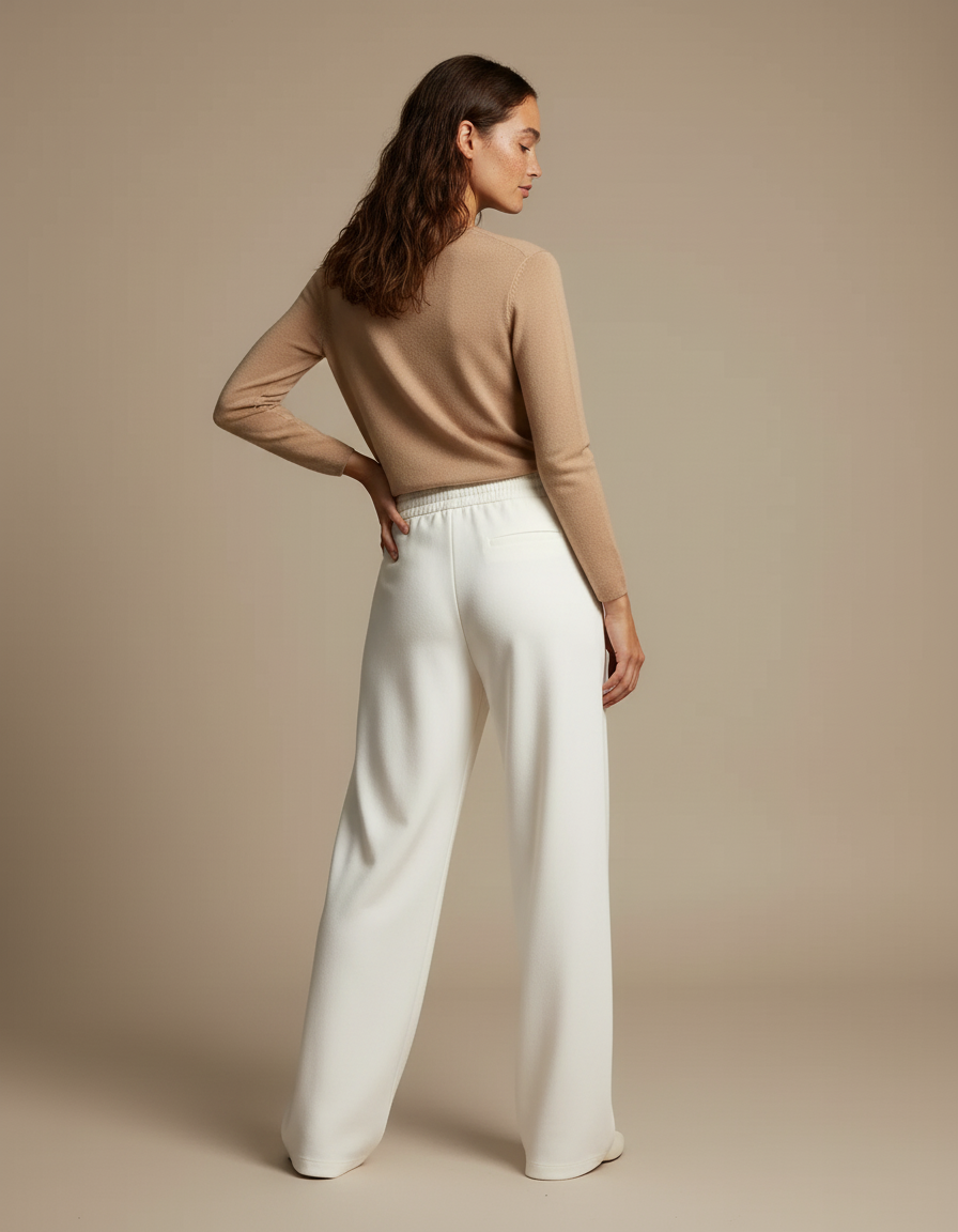 Pantalon Beige Fluide Ample Taille Haute Décontracté Femme - Blanc Maille - vue 2