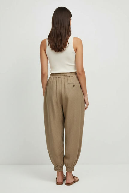 Pantalon Beige Ample Lin Décontracté Élastique Femme - vue 2