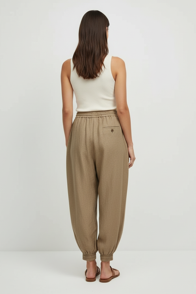 Pantalon Beige Ample Lin Décontracté Élastique Femme - vue 2