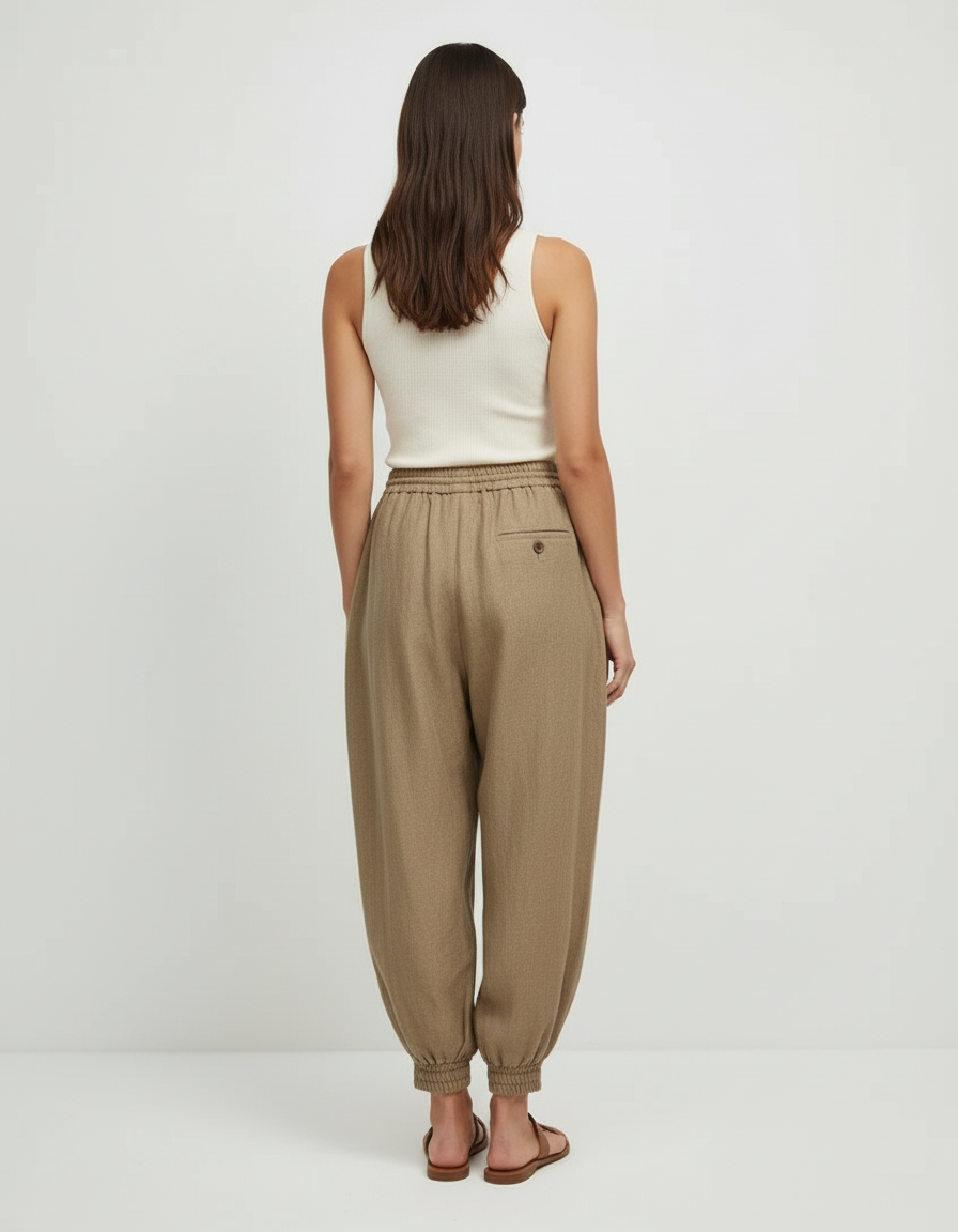 Pantalon Beige Ample Lin Décontracté Élastique Femme - vue 2