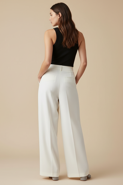 Pantalon Beige Plissé Ample Fluide Élégant Femme - Polyester - vue 2