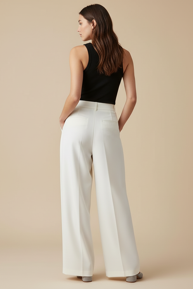 Pantalon Beige Plissé Ample Fluide Élégant Femme - Polyester - vue 2