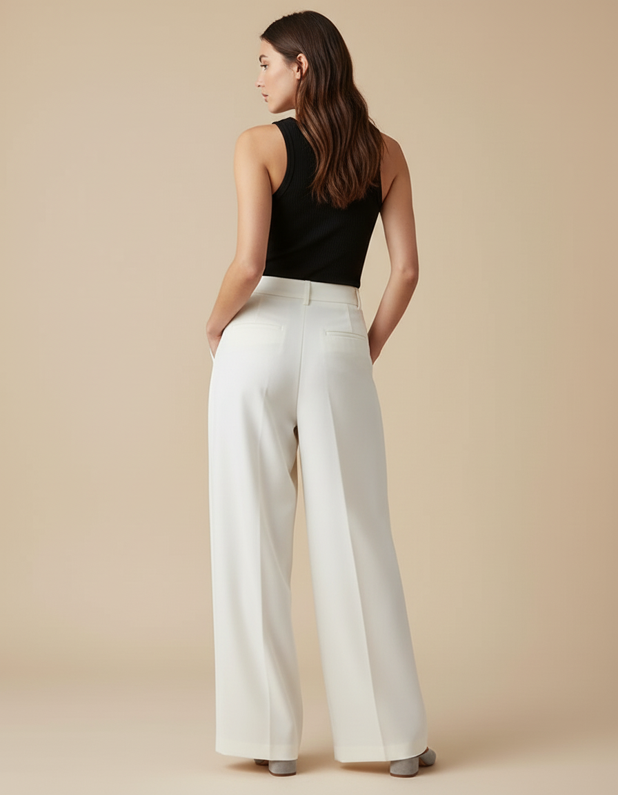 Pantalon Beige Plissé Ample Fluide Élégant Femme - Polyester - vue 2