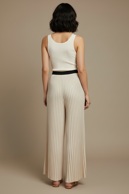Pantalon Beige Plissé Fluide Décontracté Élégant - Maille - vue 2
