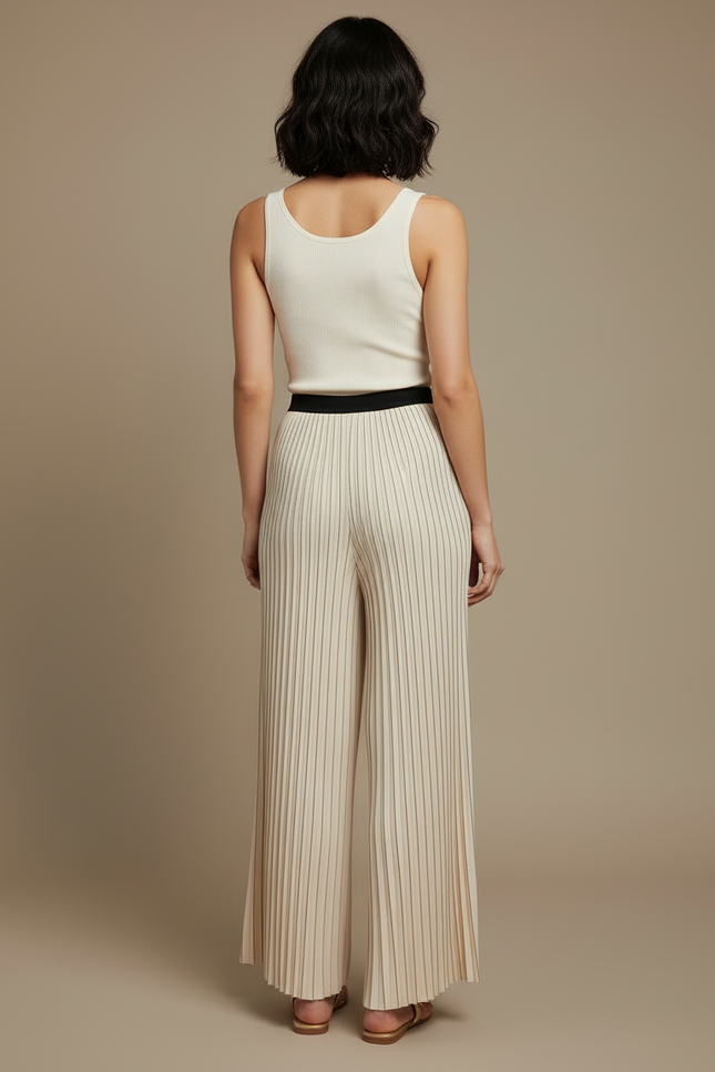 Pantalon Beige Plissé Fluide Décontracté Élégant - Maille - vue 2