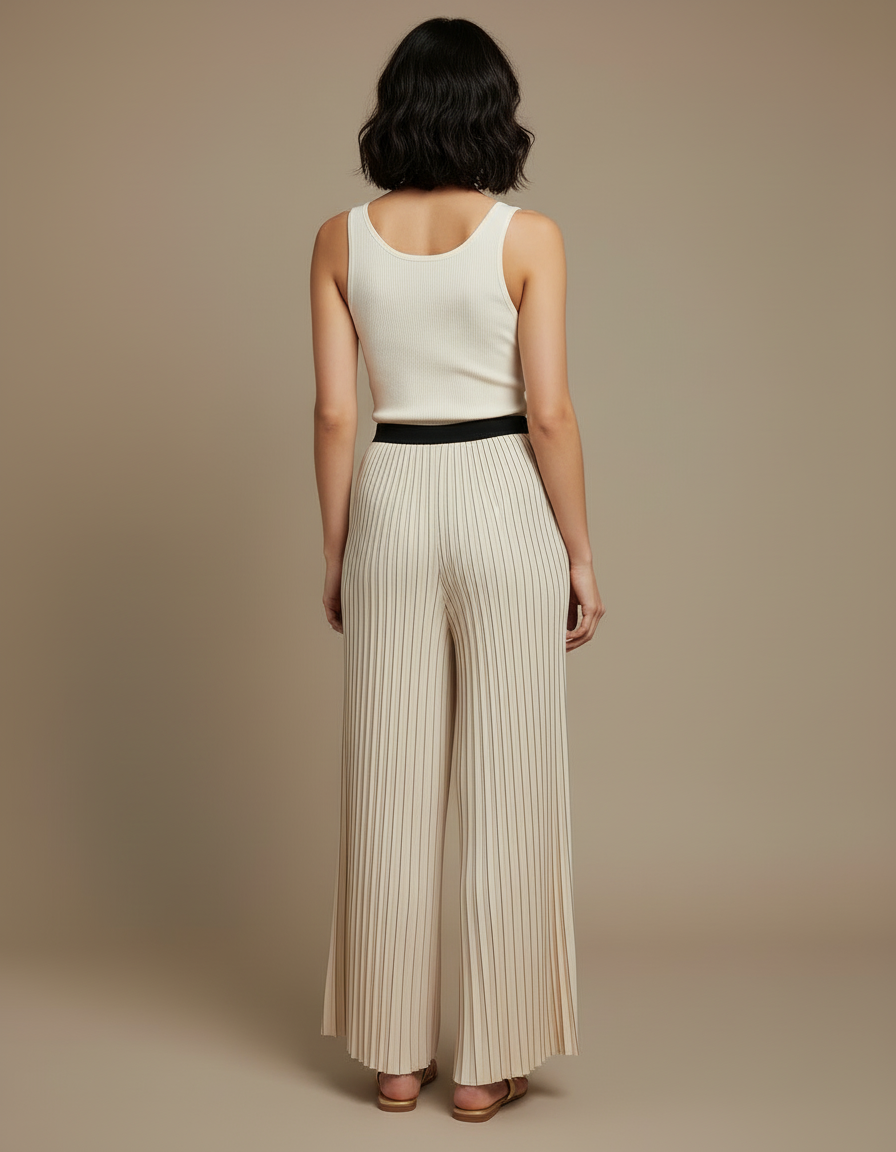 Pantalon Beige Plissé Fluide Décontracté Élégant - Maille - vue 2