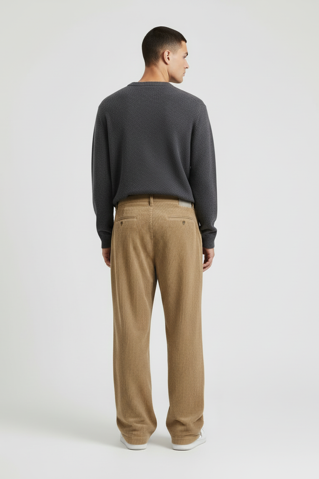 Pantalon Beige Côtelé Ample Décontracté Homme Moderne - Camel Cordé - vue 2