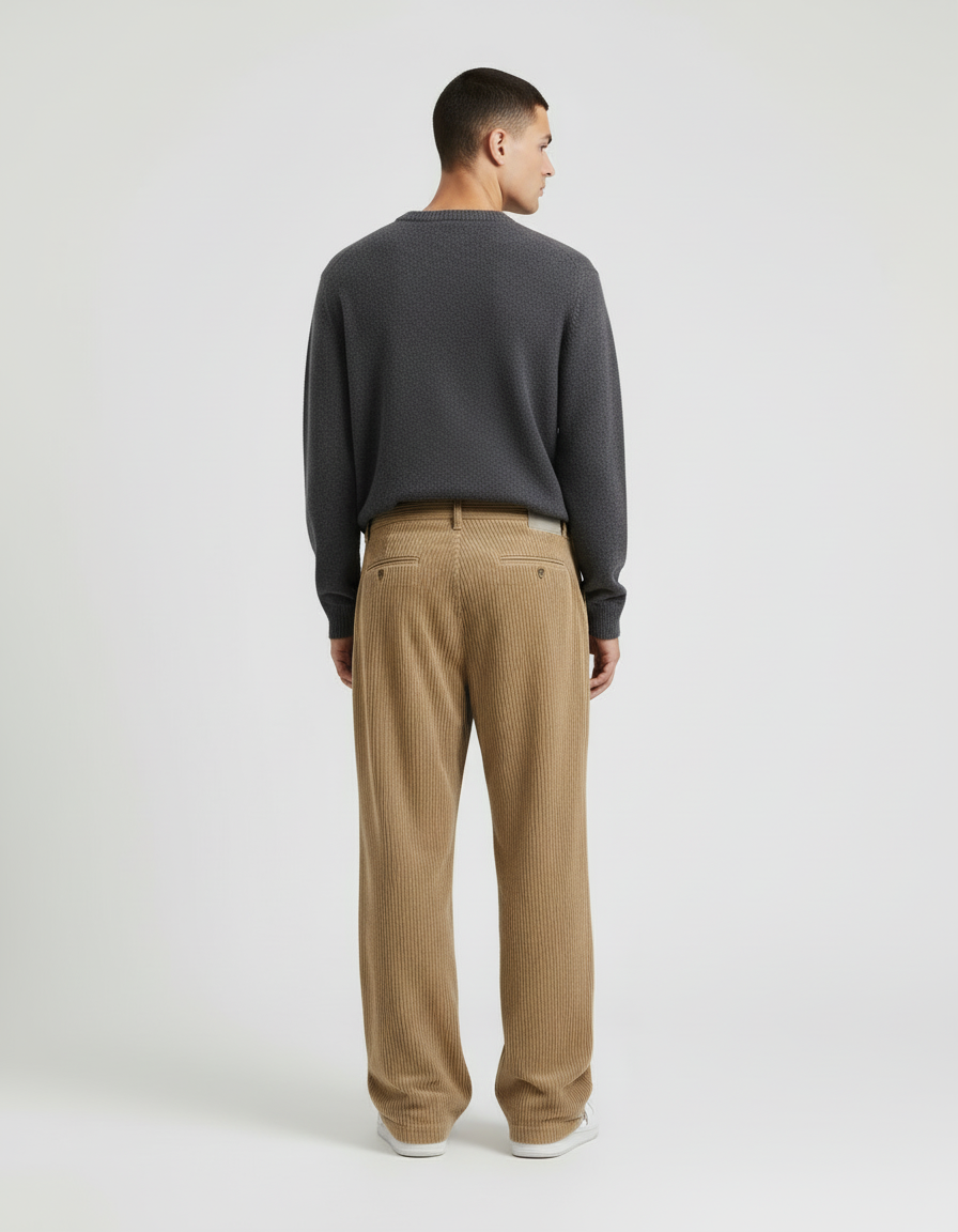 Pantalon Beige Côtelé Ample Décontracté Homme Moderne - Camel Cordé - vue 2