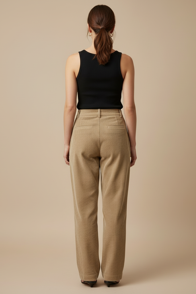 Pantalon Beige Côtelé Droit Ample Taille Haute - Kaki Cordé - vue 2