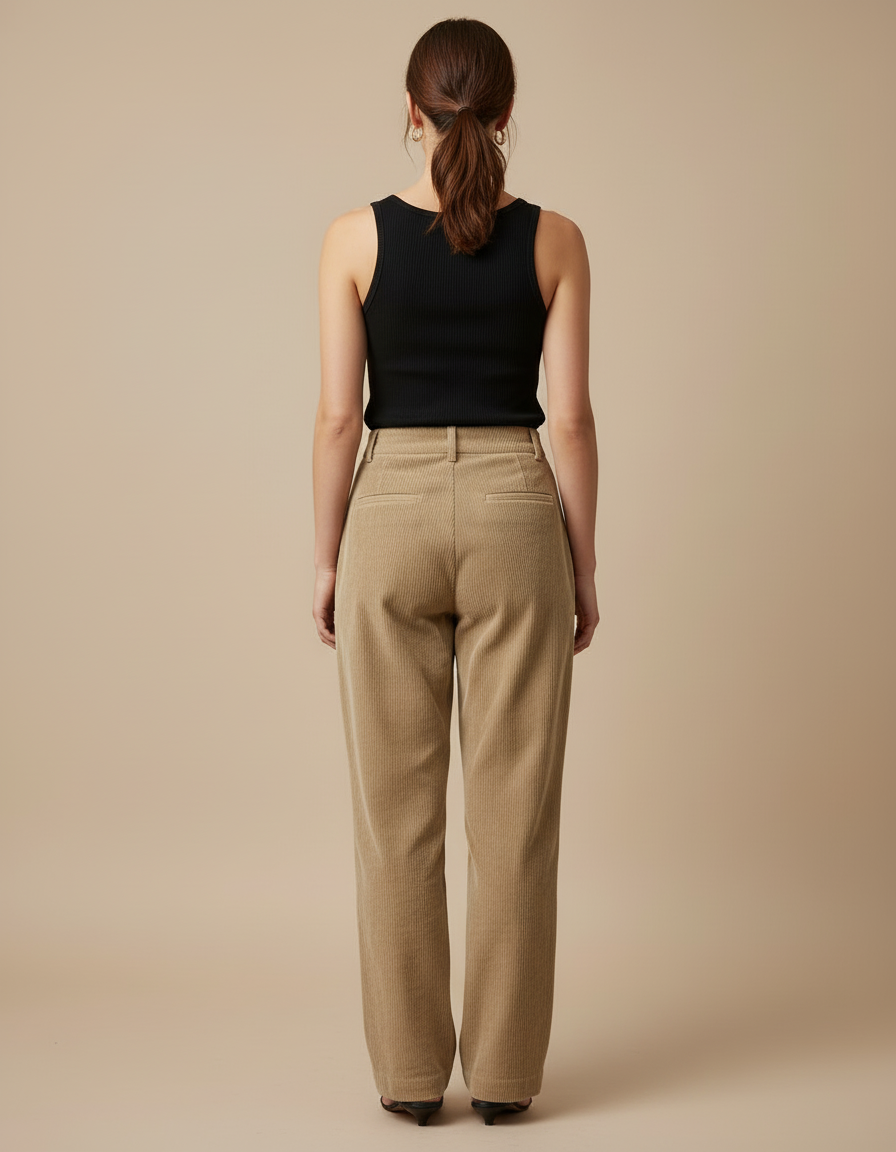 Pantalon Beige Côtelé Droit Ample Taille Haute - Kaki Cordé - vue 2