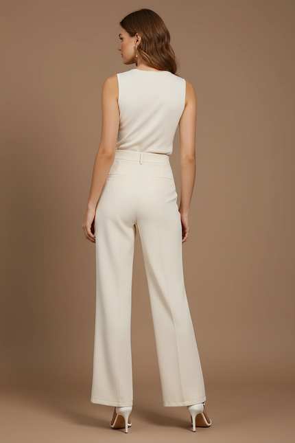 Pantalon Beige Taille Haute Boutons Dorés Fentes - Polyester - vue 2