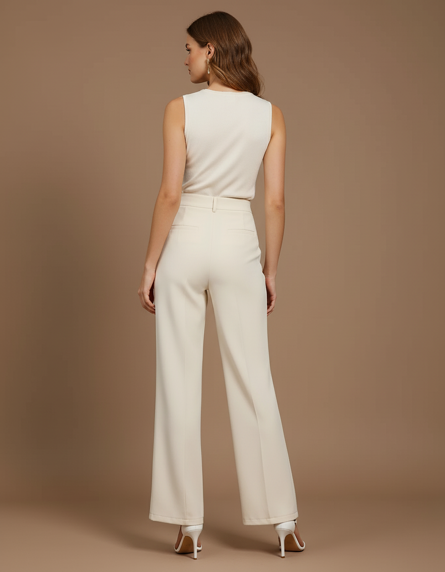 Pantalon Beige Taille Haute Boutons Dorés Fentes - Polyester - vue 2