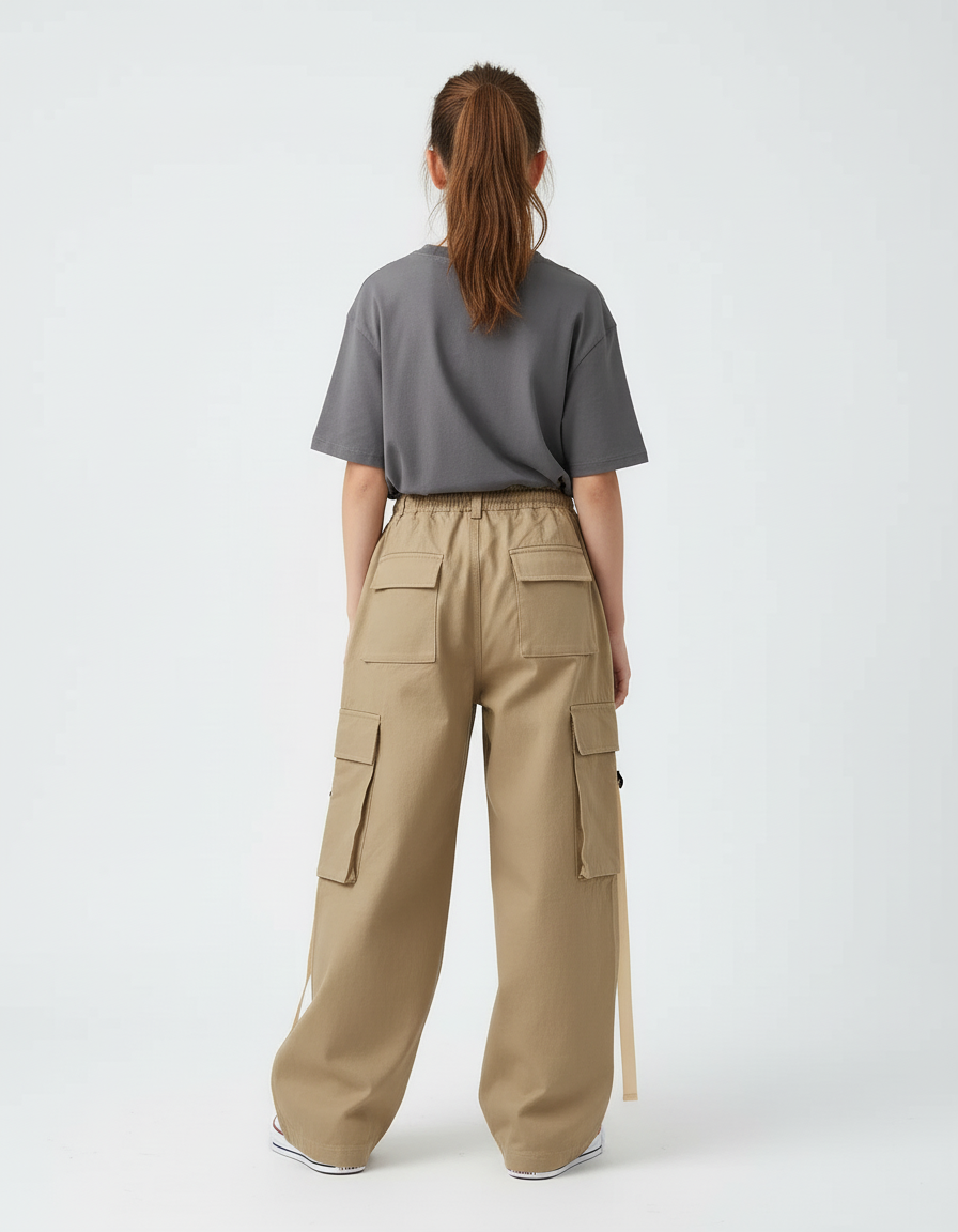Pantalon Beige Cargo Ample Coton Décontracté Ruban - vue 2