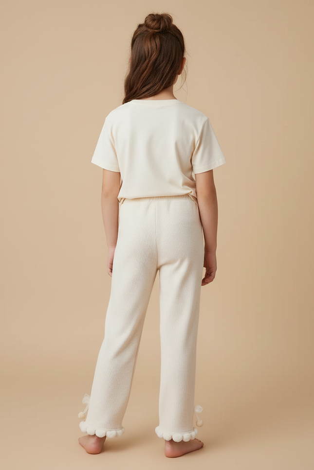 Pantalon Beige Côtelé Pompons Volants Mignon Enfant - Cordé - vue 2