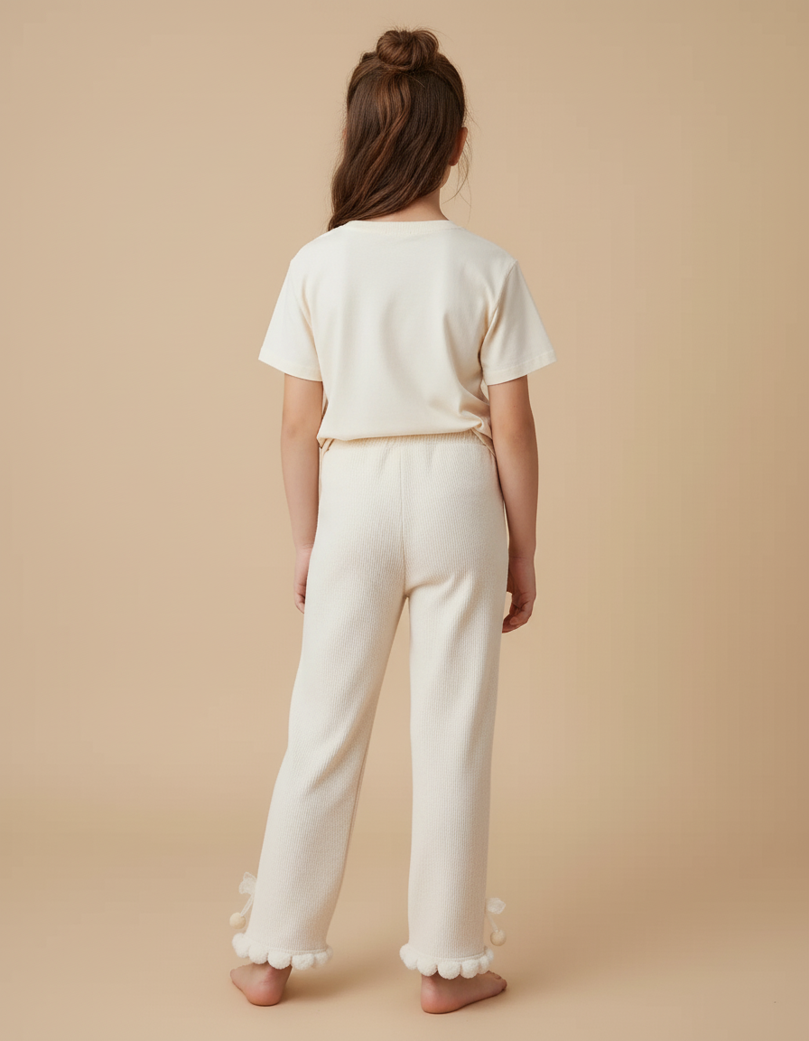 Pantalon Beige Côtelé Pompons Volants Mignon Enfant - Cordé - vue 2