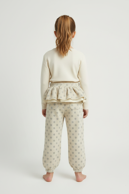 Pantalon Beige Imprimé Floral Ample Volants Enfant - Molleton - vue 2