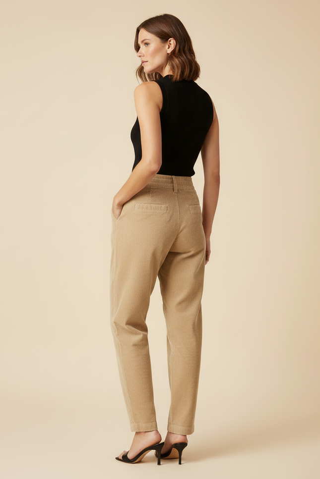 Pantalon Beige Côtelé Taille Haute Décontracté Femme - Cordé - vue 2