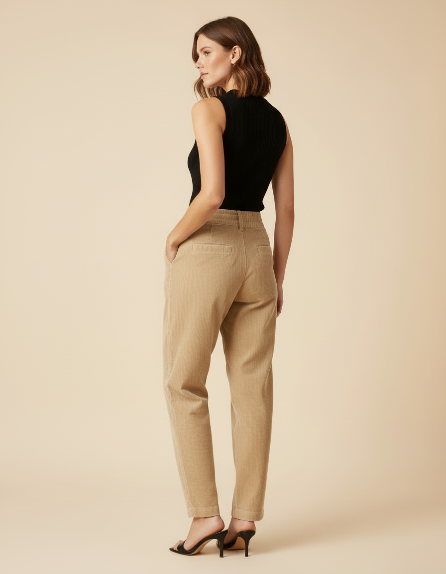 Pantalon Beige Côtelé Taille Haute Décontracté Femme - Cordé - vue 2