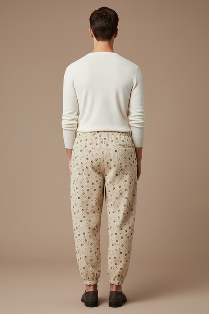 Pantalon Beige Côtelé Ample Imprimé Floral Homme - Cordé - vue 2