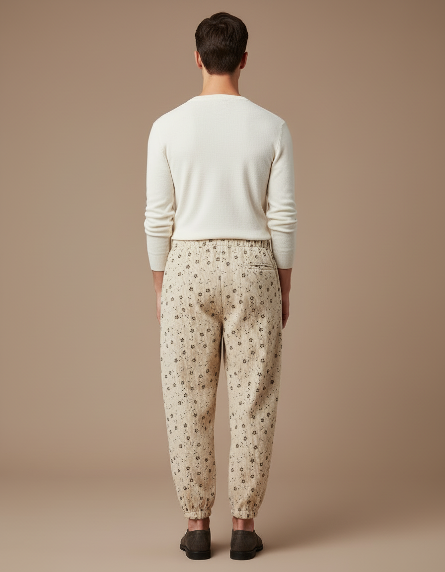 Pantalon Beige Côtelé Ample Imprimé Floral Homme - Cordé - vue 2