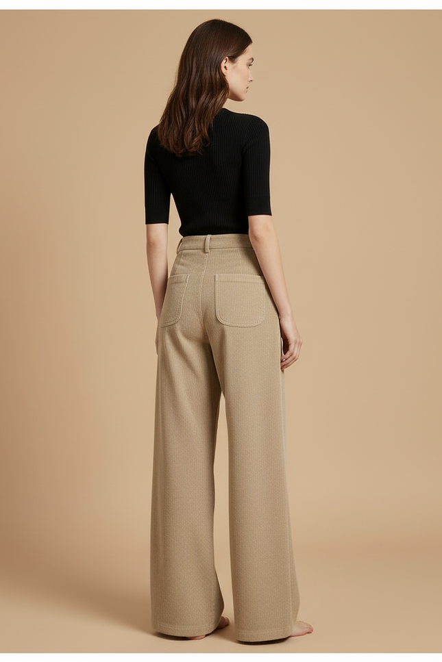 Pantalon Beige Côtelé Taille Haute Ample Femme - Cordé - vue 2