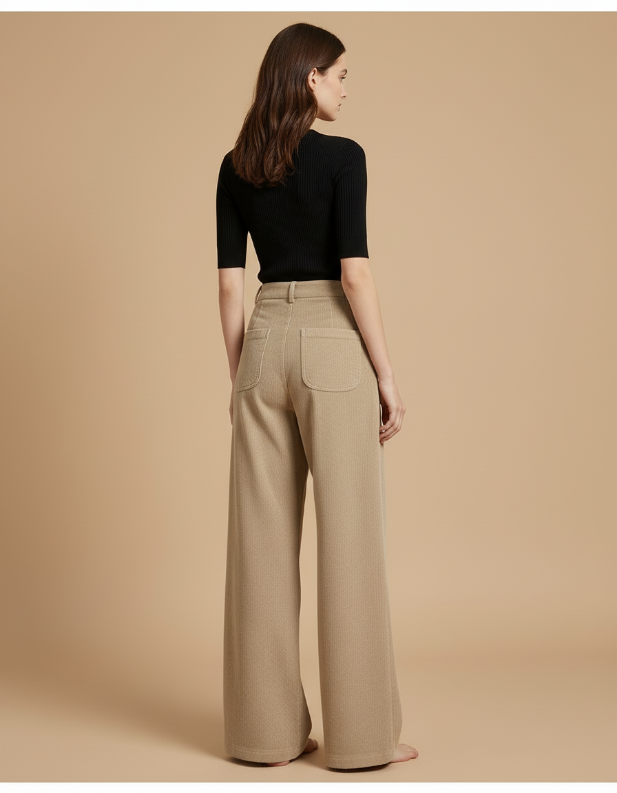 Pantalon Beige Côtelé Taille Haute Ample Femme - Cordé - vue 2