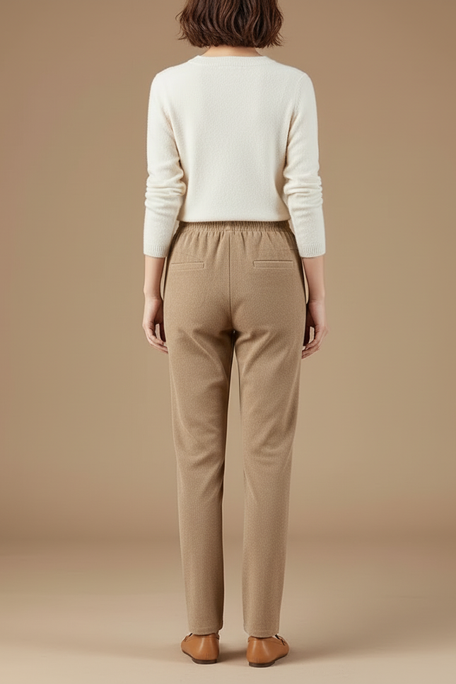 Pantalon Beige Côtelé Droit Taille Élastique Décontracté - Cordé - vue 2