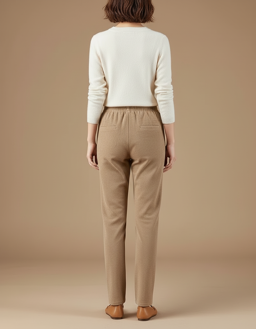 Pantalon Beige Côtelé Droit Taille Élastique Décontracté - Cordé - vue 2