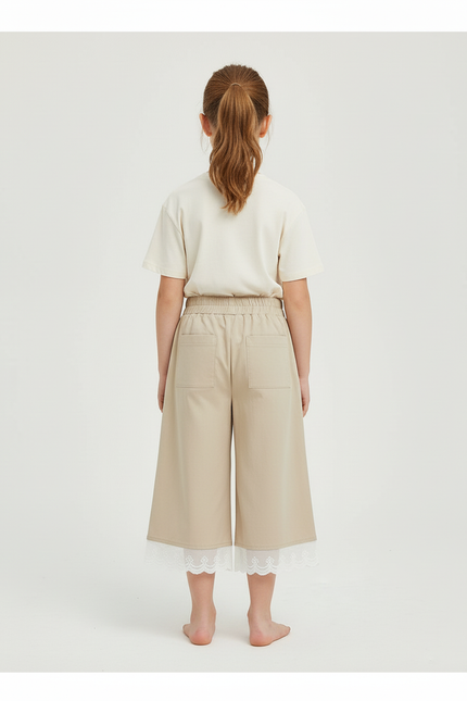 Pantalon Beige Ample Plissé Dentelle Fille Décontracté - Polyester - vue 2