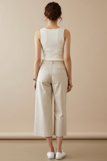 Pantalon Beige Taille Haute Ample Coton Fluide - vue 2