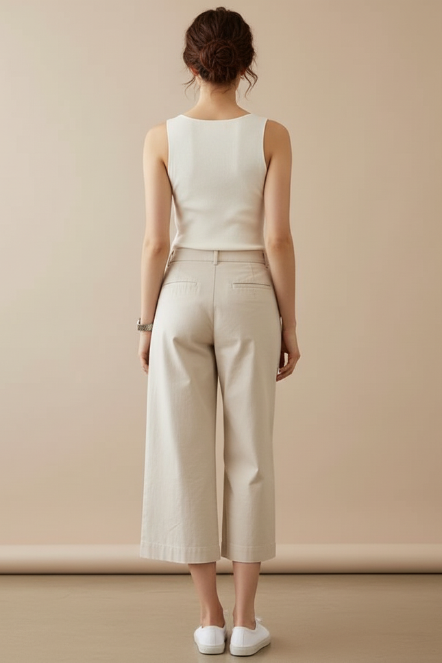 Pantalon Beige Taille Haute Ample Coton Fluide - vue 2
