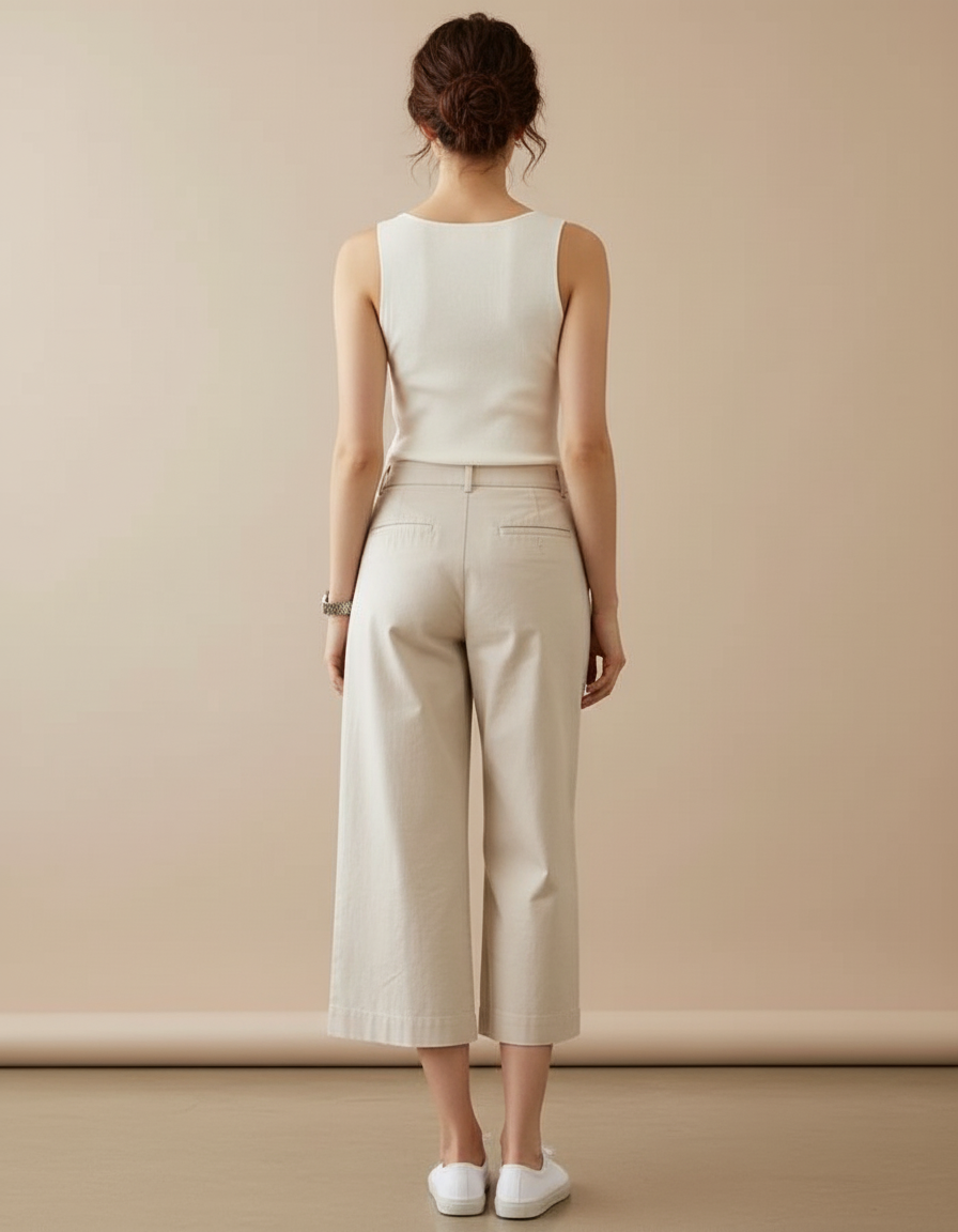 Pantalon Beige Taille Haute Ample Coton Fluide - vue 2