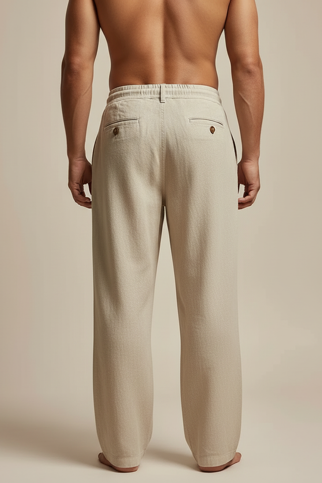 Pantalon Beige Coton Lin Ample Droit Homme - vue 2