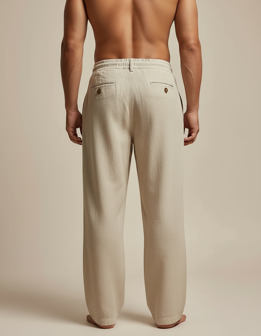 Pantalon Beige Coton Lin Ample Droit Homme - vue 2