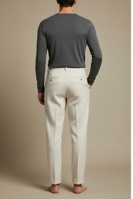 Pantalon Beige Plissé Droit Laine Élégant Homme - vue 2
