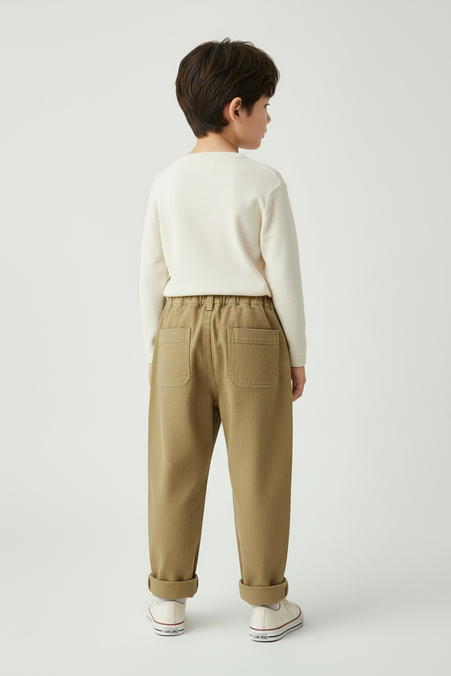 Pantalon Beige Enfant Brodé Casual Coton Ample - Kaki Toile - vue 2