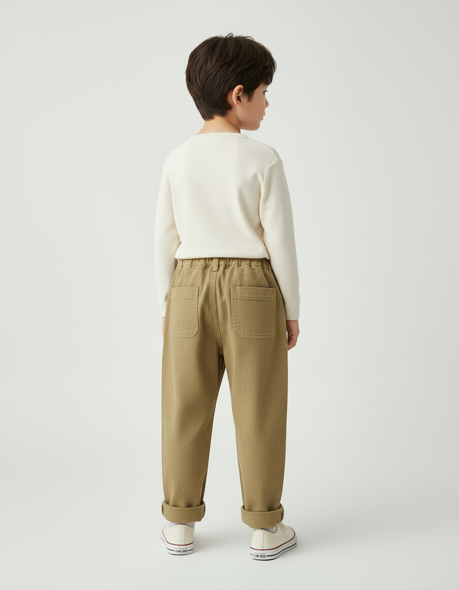 Pantalon Beige Enfant Brodé Casual Coton Ample - Kaki Toile - vue 2