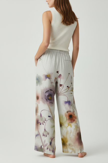 Pantalon Beige Fleuri Ample Fluide Décontracté - Multicolore Lin - vue 2