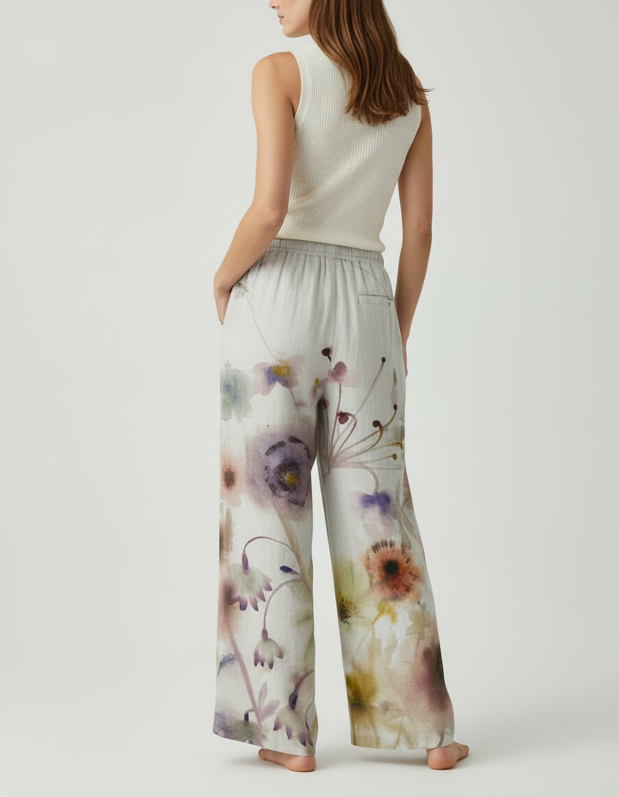 Pantalon Beige Fleuri Ample Fluide Décontracté - Multicolore Lin - vue 2