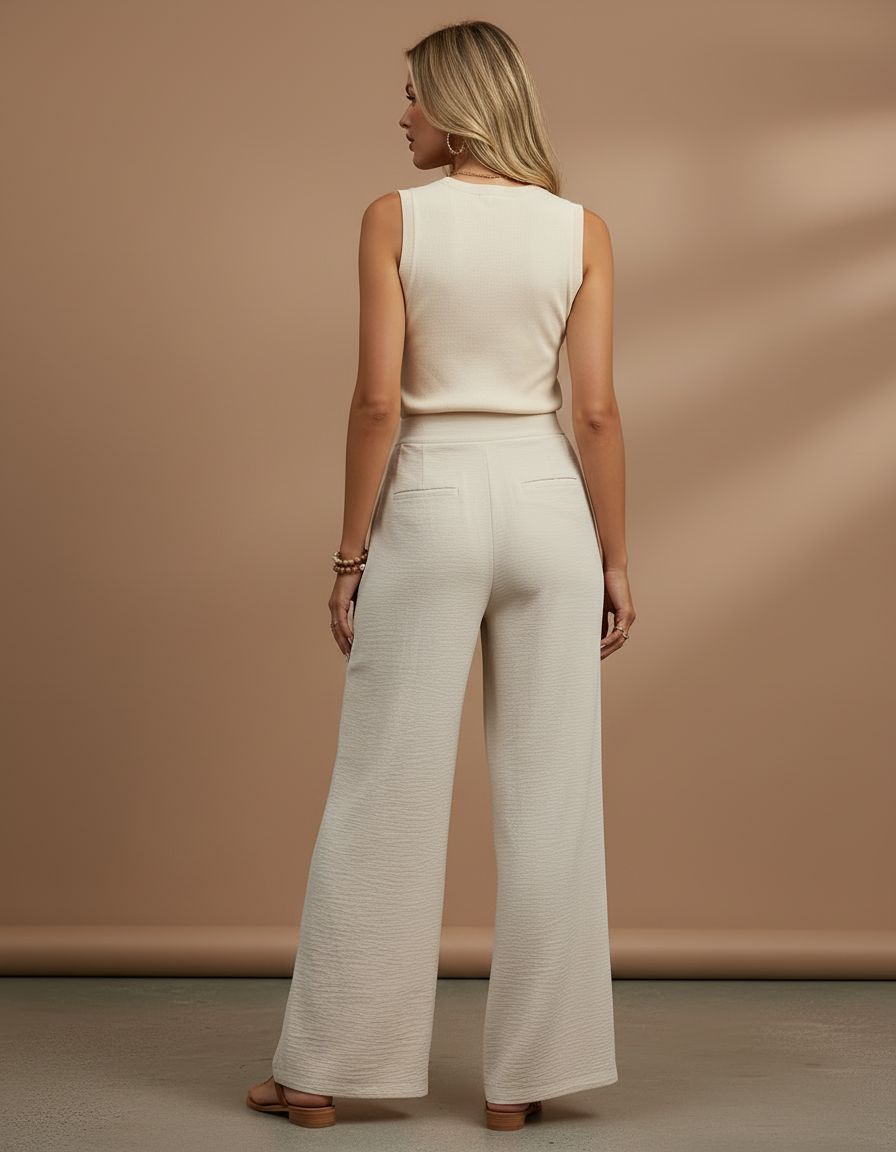 Pantalon Beige Fluide Plissé Ample Décontracté Femme - Polyester - vue 2