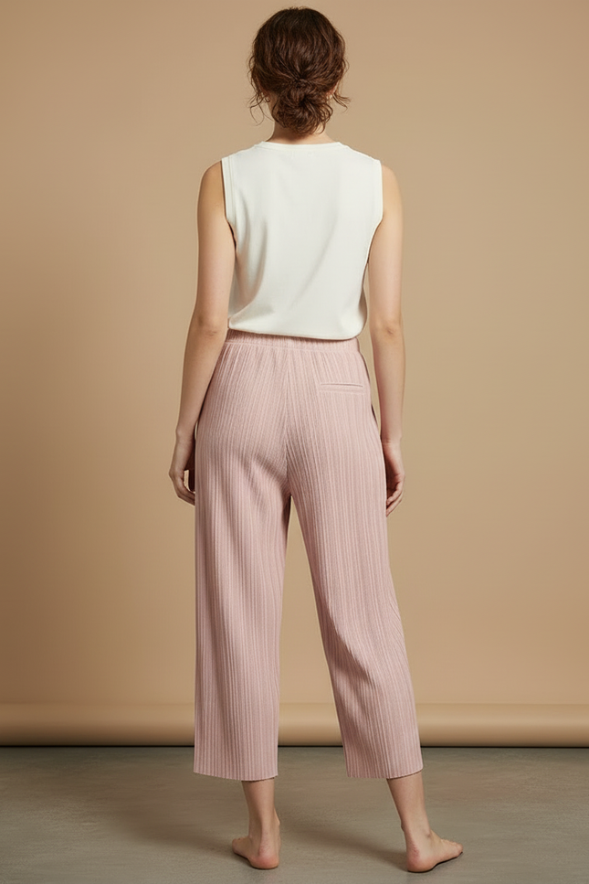 Pantalon Beige Plissé Ample Fluide Femme - Rose Polyester - vue 2