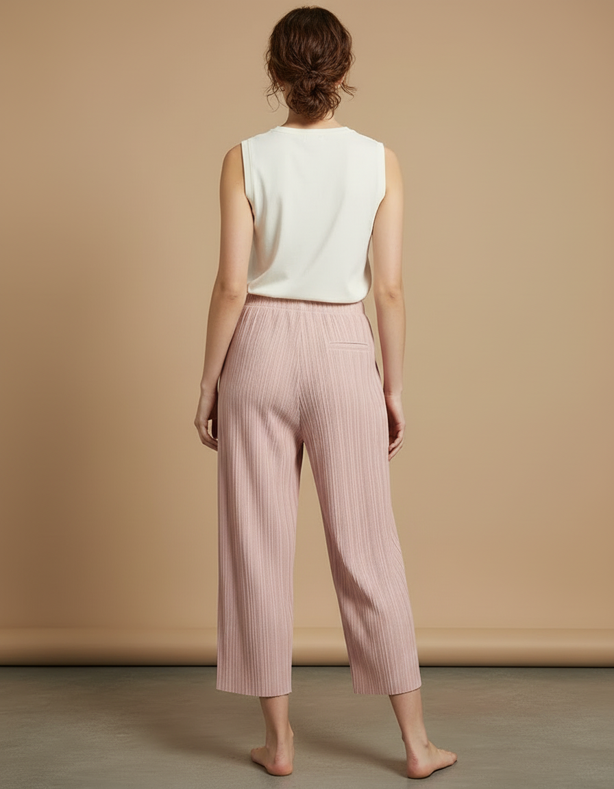 Pantalon Beige Plissé Ample Fluide Femme - Rose Polyester - vue 2