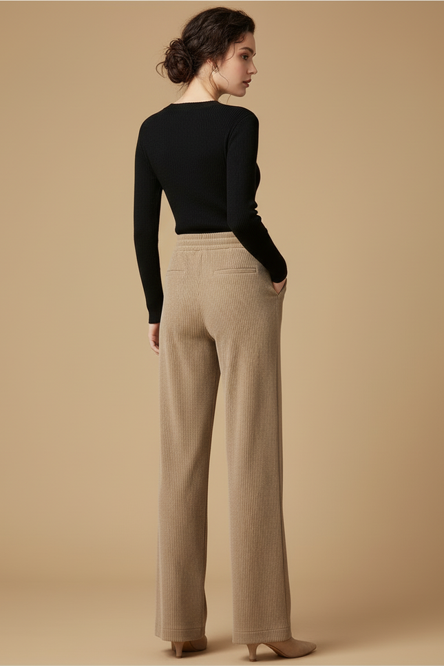 Pantalon Beige Côtelé Ample Décontracté Cordon Femme - Cordé - vue 2