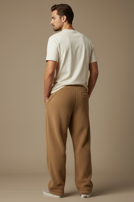 Pantalon Beige Polaire Brodé Ample Décontracté Homme - Marron Molleton - vue 2