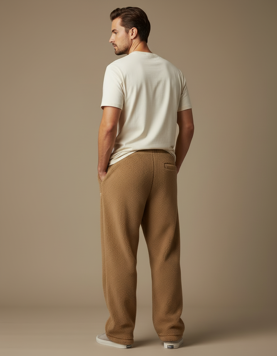 Pantalon Beige Polaire Brodé Ample Décontracté Homme - Marron Molleton - vue 2