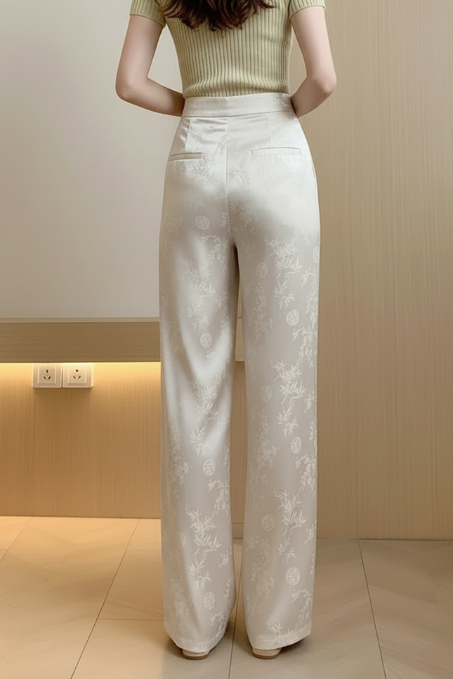 Pantalon Beige Satiné Jacquard Ample Fluide Élégant - vue 2