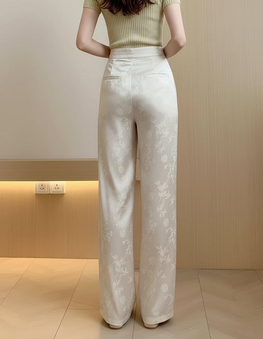 Pantalon Beige Satiné Jacquard Ample Fluide Élégant - vue 2