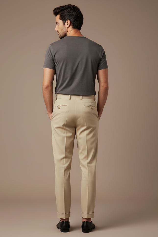 Pantalon Beige Homme Décontracté Plissé Droit Élégant - Gabardine - vue 2