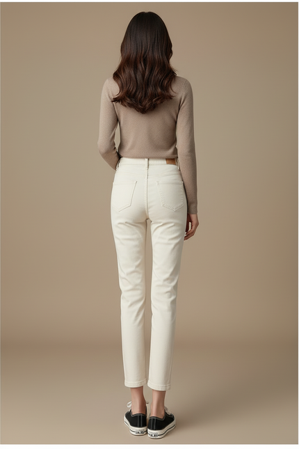 Pantalon Beige Jean Droit Taille Haute Femme - vue 2